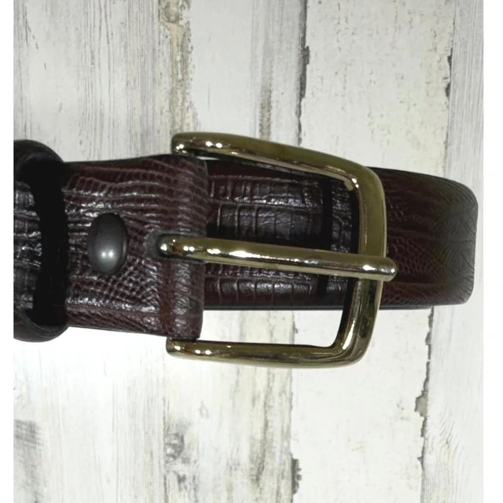 Jones New York Belt 38 Brown Embossed Italian‎ Leather Gold Tone Buckle NWOT